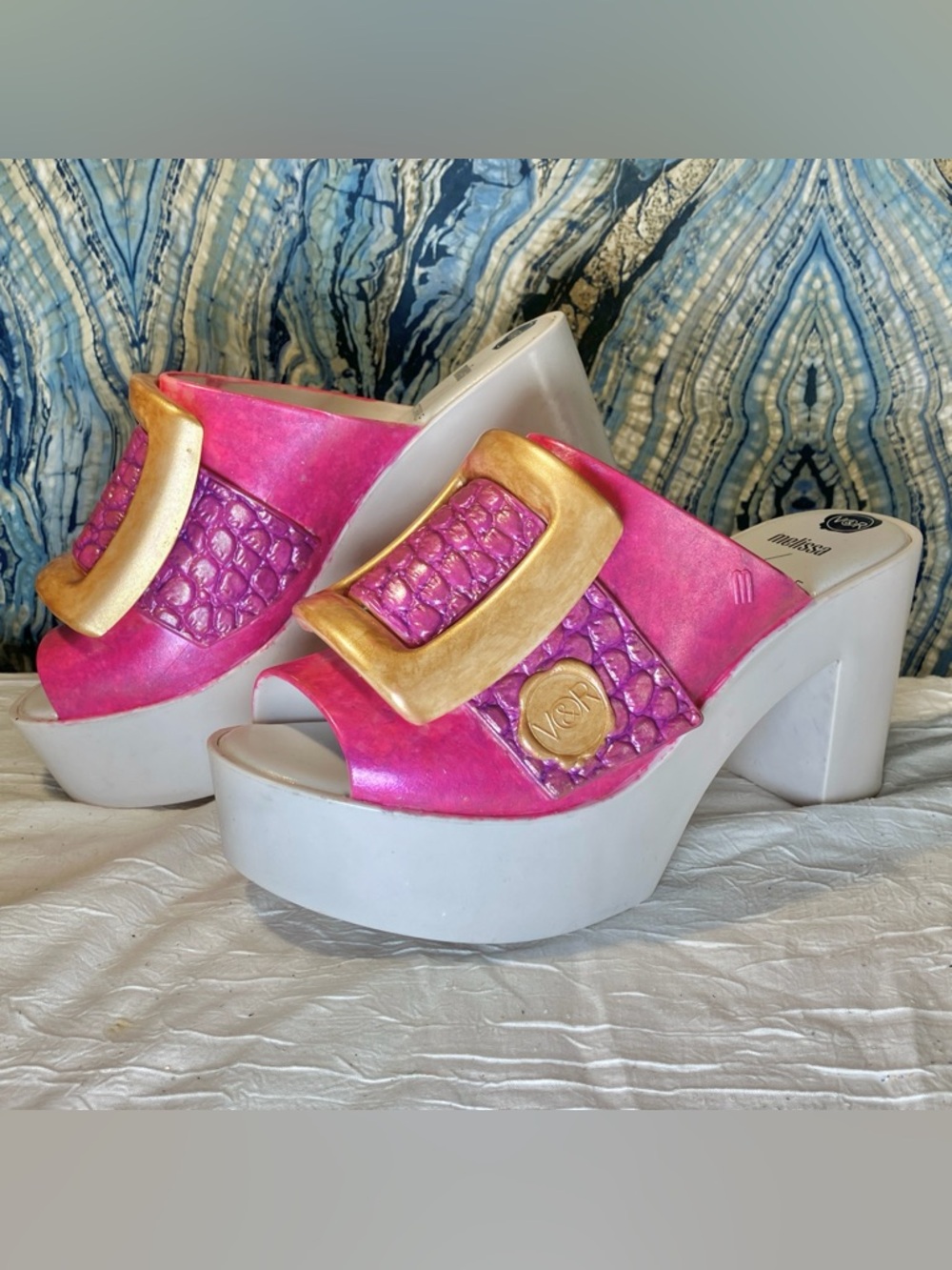 Melissa Viktor & Rolf platform buckle jelly mule block heel sandals pink gold 40